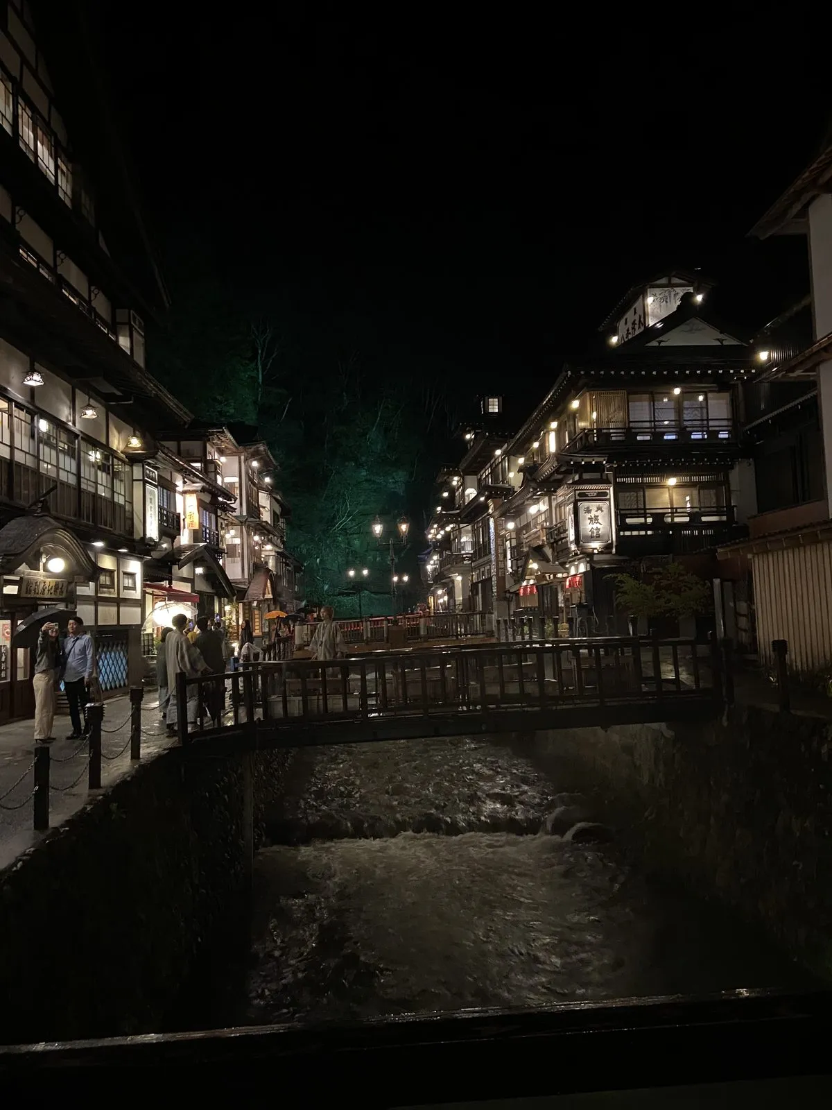 Ginzan Onsen's riverside street at night — wooden ryokan lit up on both sides of the river